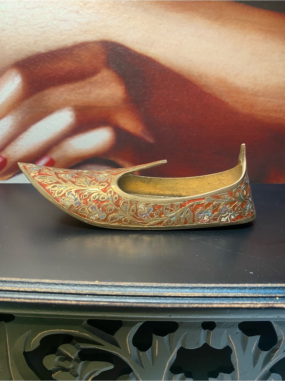 Vintage Brass Aladdin Shoe Trinket Box Decor